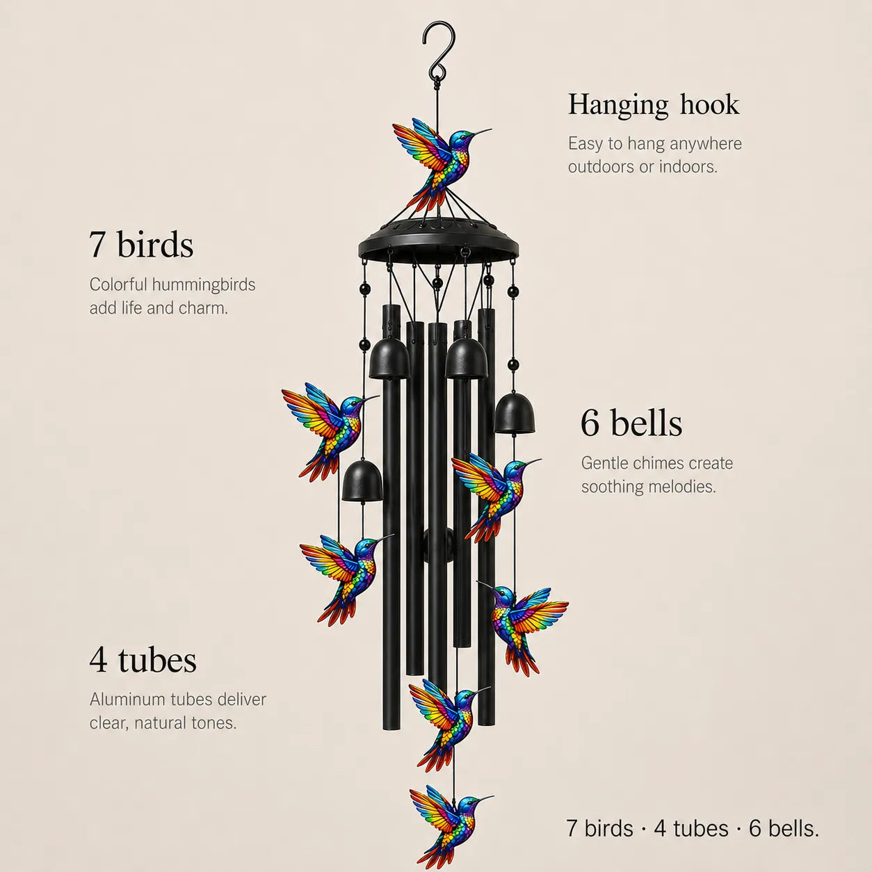 Rainbow Hummingbird Wind Chime, Colorful Aluminum Hanging Decor for Garden, Patio & Porch