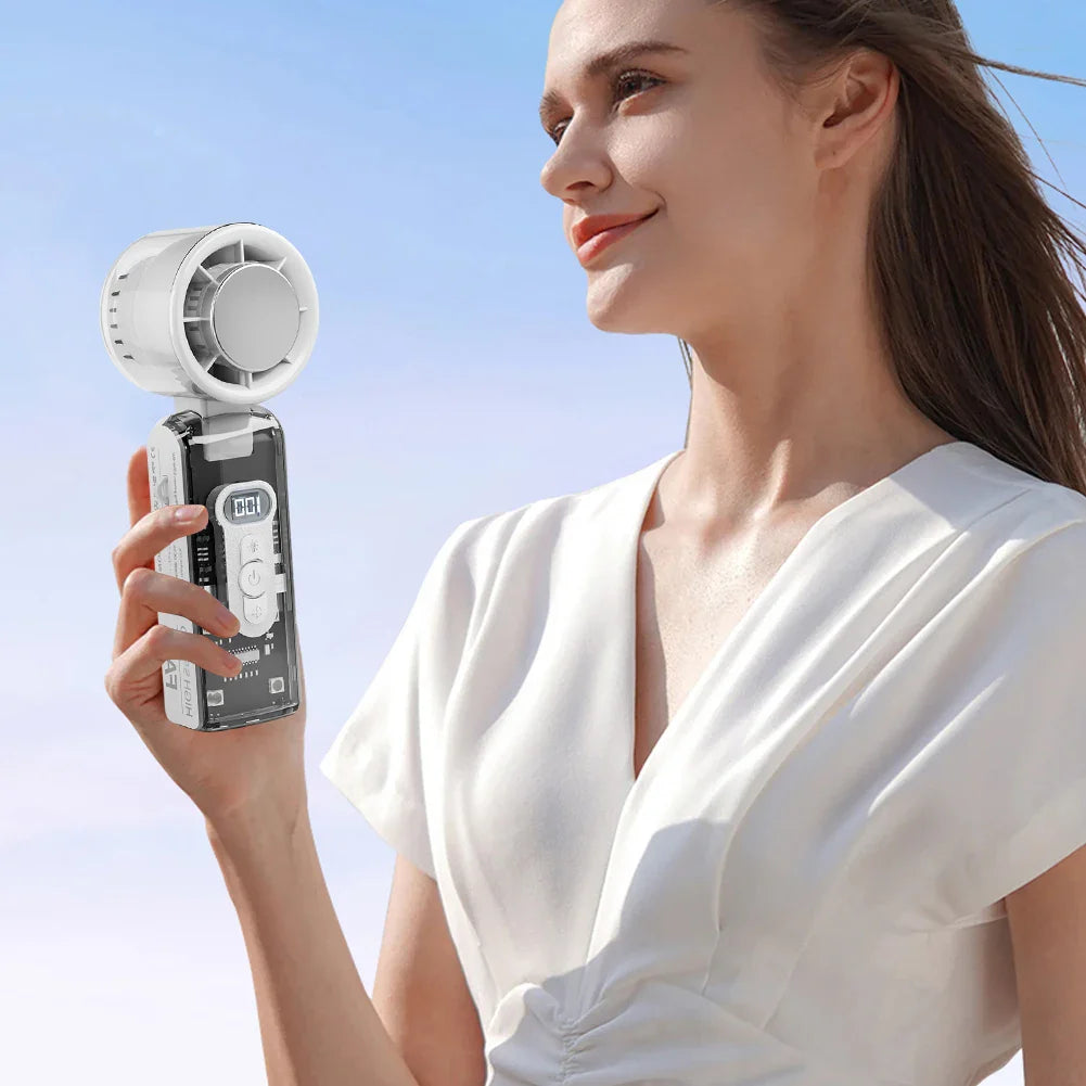 Transparent Mecha Handheld Fan with Digital Display, USB Rechargeable, Foldable Design & Light