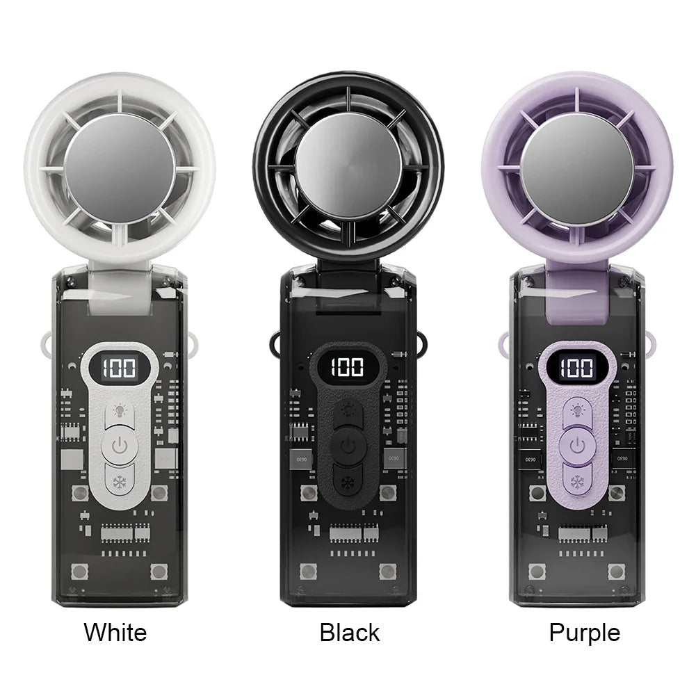 Transparent Mecha Handheld Fan with Digital Display, USB Rechargeable, Foldable Design & Light
