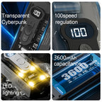 Transparent Mecha Handheld Fan with Digital Display, USB Rechargeable, Foldable Design & Light
