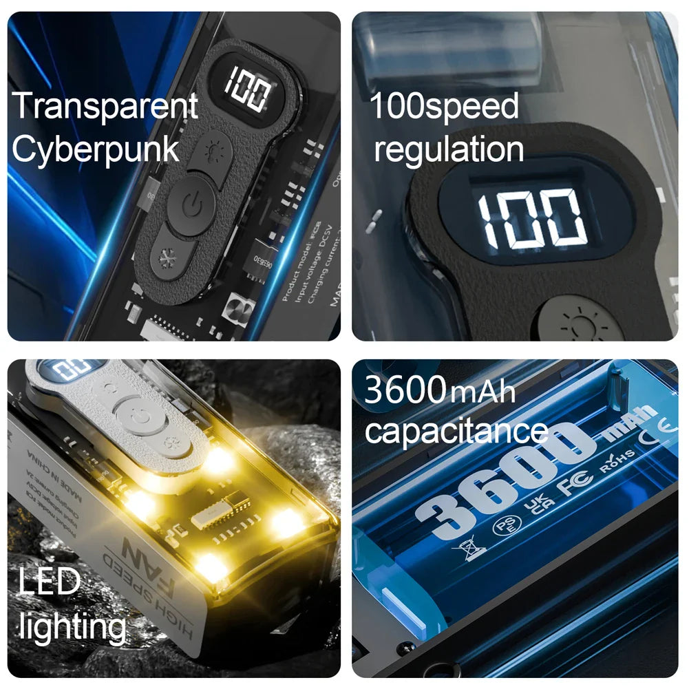 Transparent Mecha Handheld Fan with Digital Display, USB Rechargeable, Foldable Design & Light