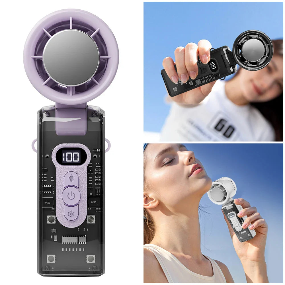 Transparent Mecha Handheld Fan with Digital Display, USB Rechargeable, Foldable Design & Light