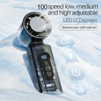 Transparent Mecha Handheld Fan with Digital Display, USB Rechargeable, Foldable Design & Light