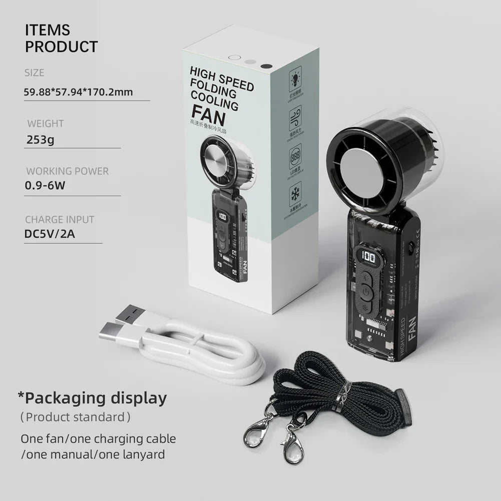 Transparent Mecha Handheld Fan with Digital Display, USB Rechargeable, Foldable Design & Light
