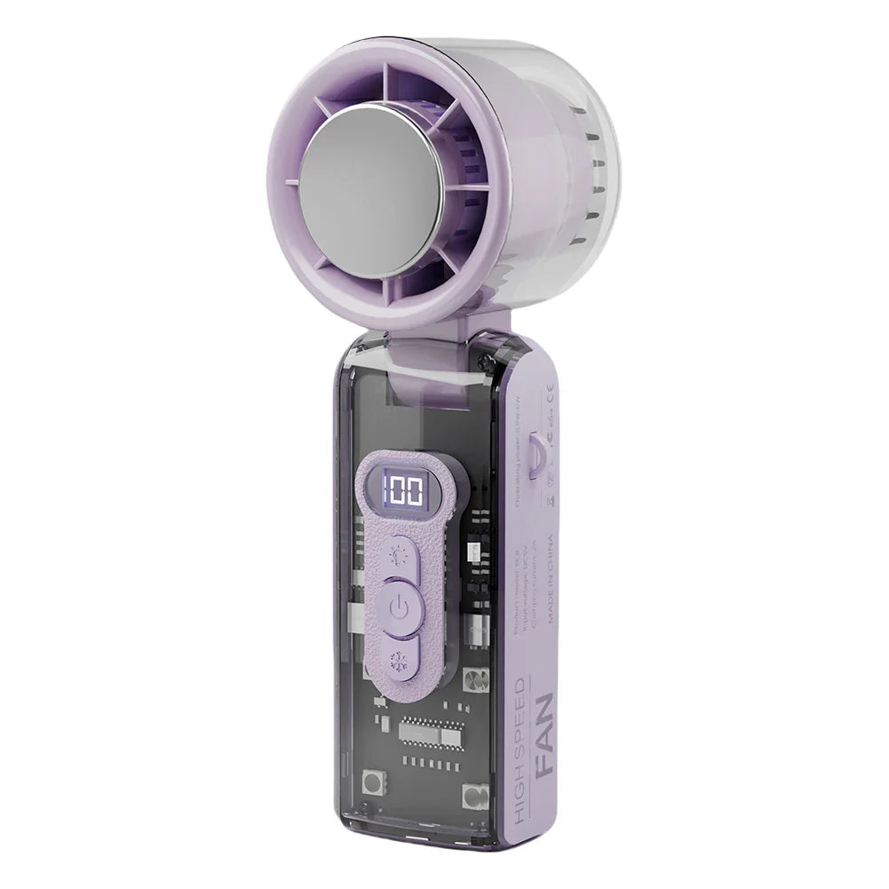Transparent Mecha Handheld Fan with Digital Display, USB Rechargeable, Foldable Design & Light