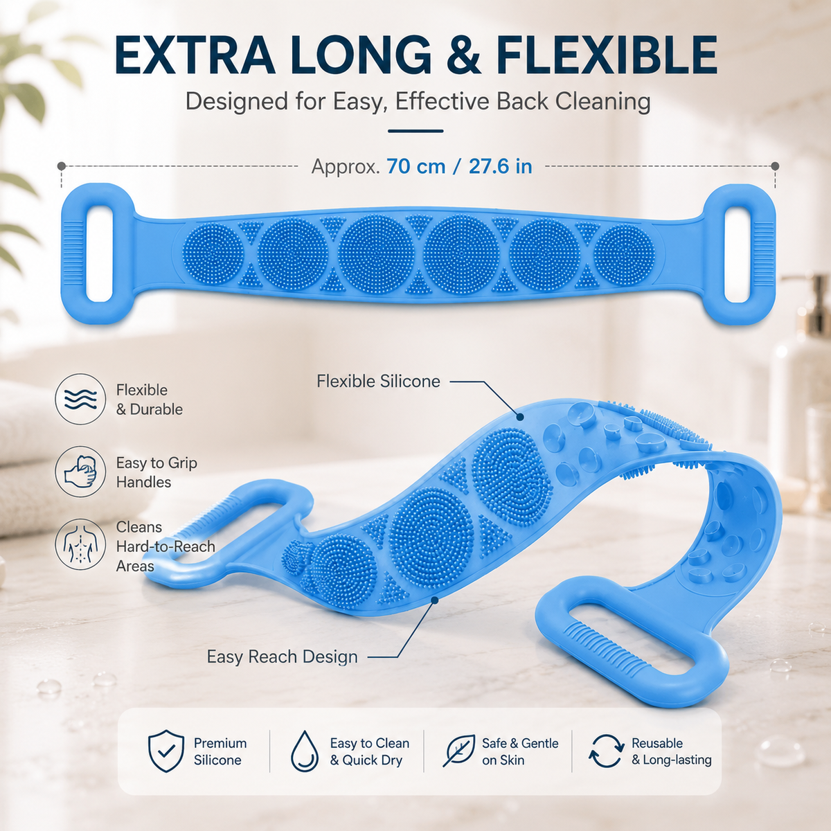 Silicone Back Scrubber with Easy-Grip Handles for Shower