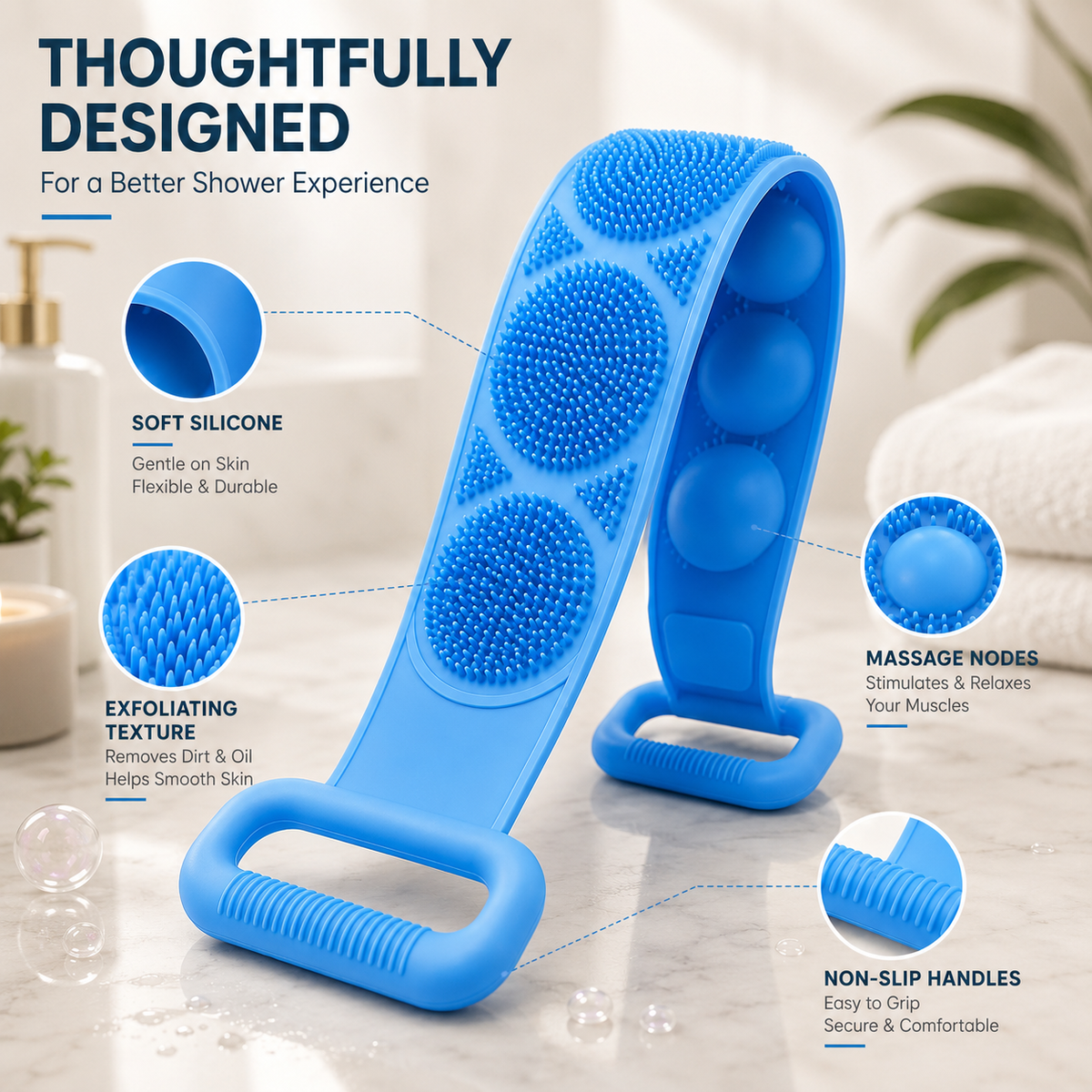 Silicone Back Scrubber with Easy-Grip Handles for Shower