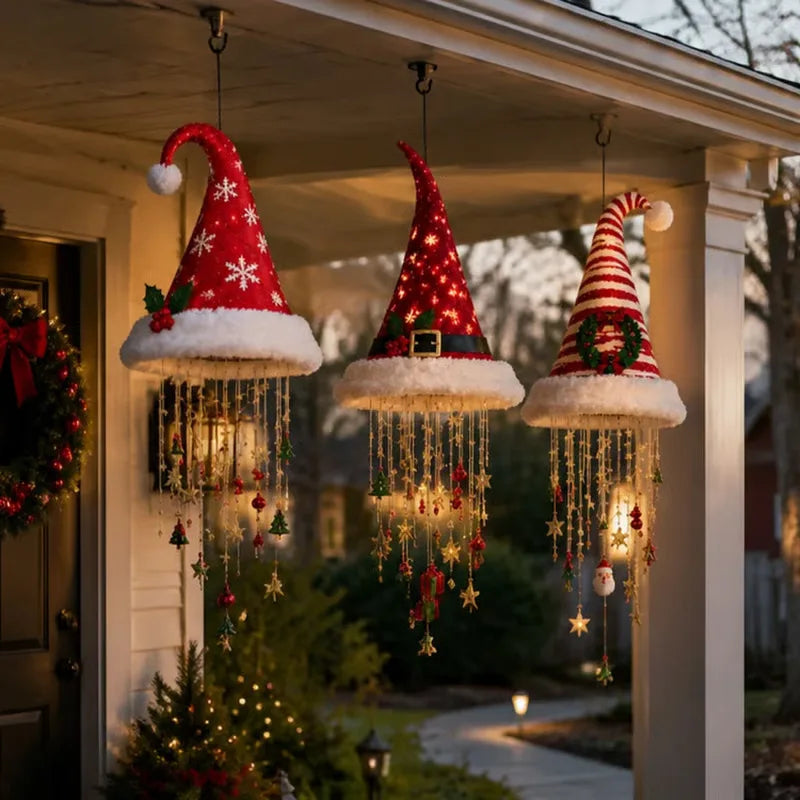 Lighted Santa Hat Hanging Ornament – Warm LED Christmas Chandelier Pendant with Glowing Tassel Detail for Whimsical Holiday Home Decor