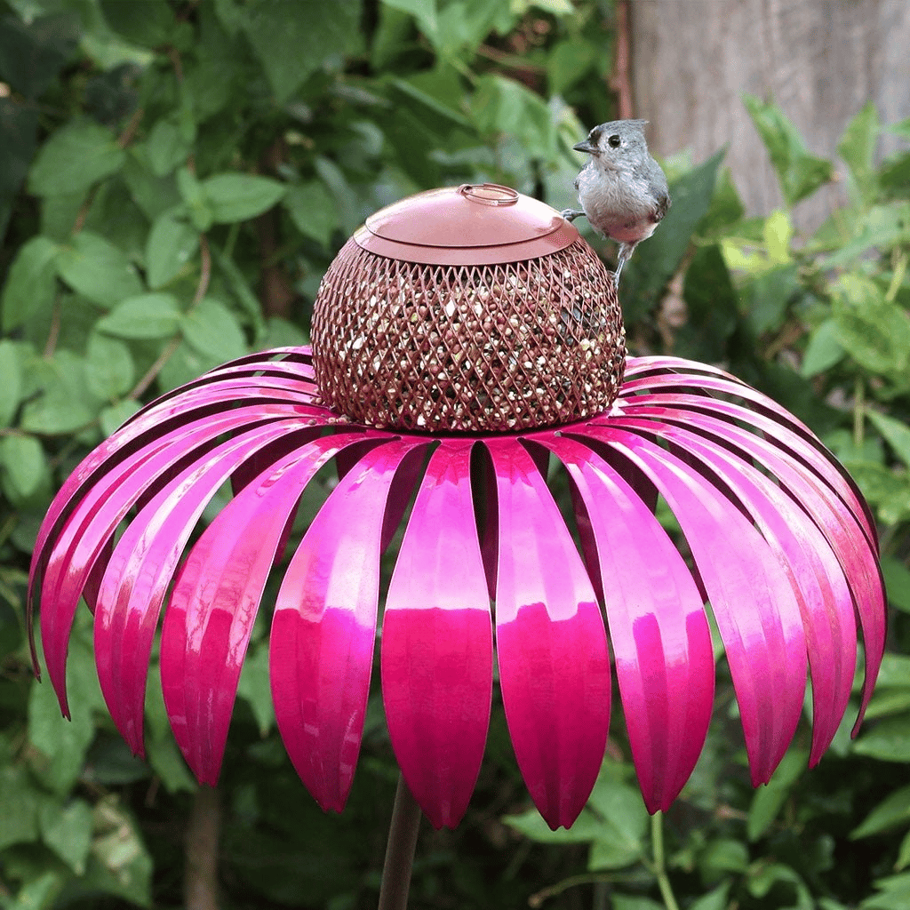 Metal Sunflower Bird Feeder with Garden Stake, Pink Flower Design