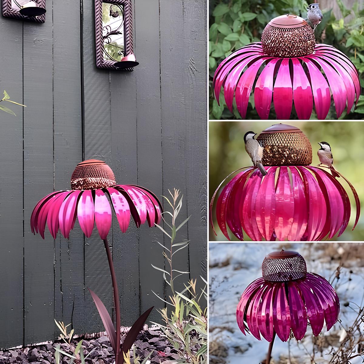 Metal Sunflower Bird Feeder with Garden Stake, Pink Flower Design