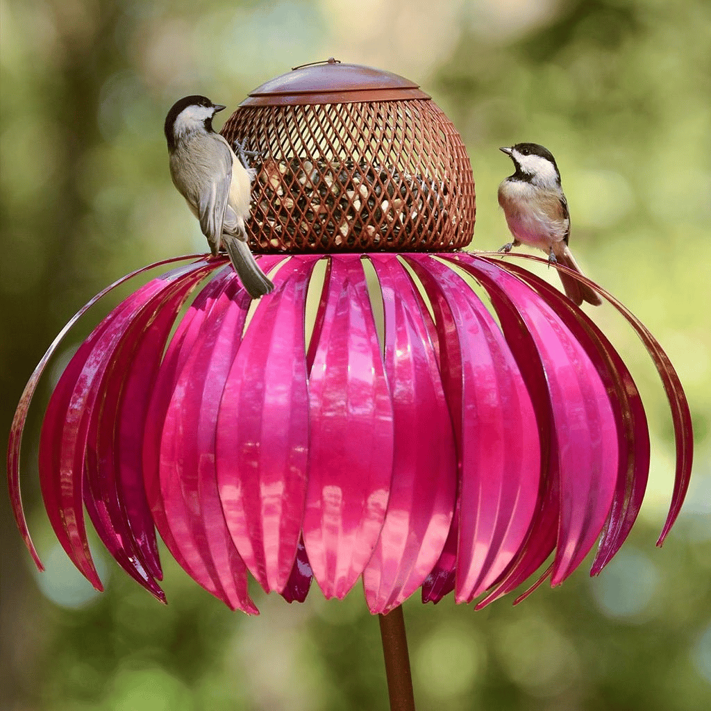 Metal Sunflower Bird Feeder with Garden Stake, Pink Flower Design