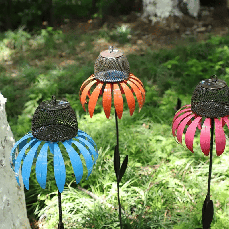 Metal Sunflower Bird Feeder with Garden Stake, Pink Flower Design