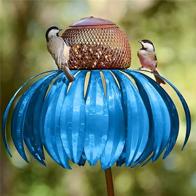 Metal Sunflower Bird Feeder with Garden Stake, Pink Flower Design