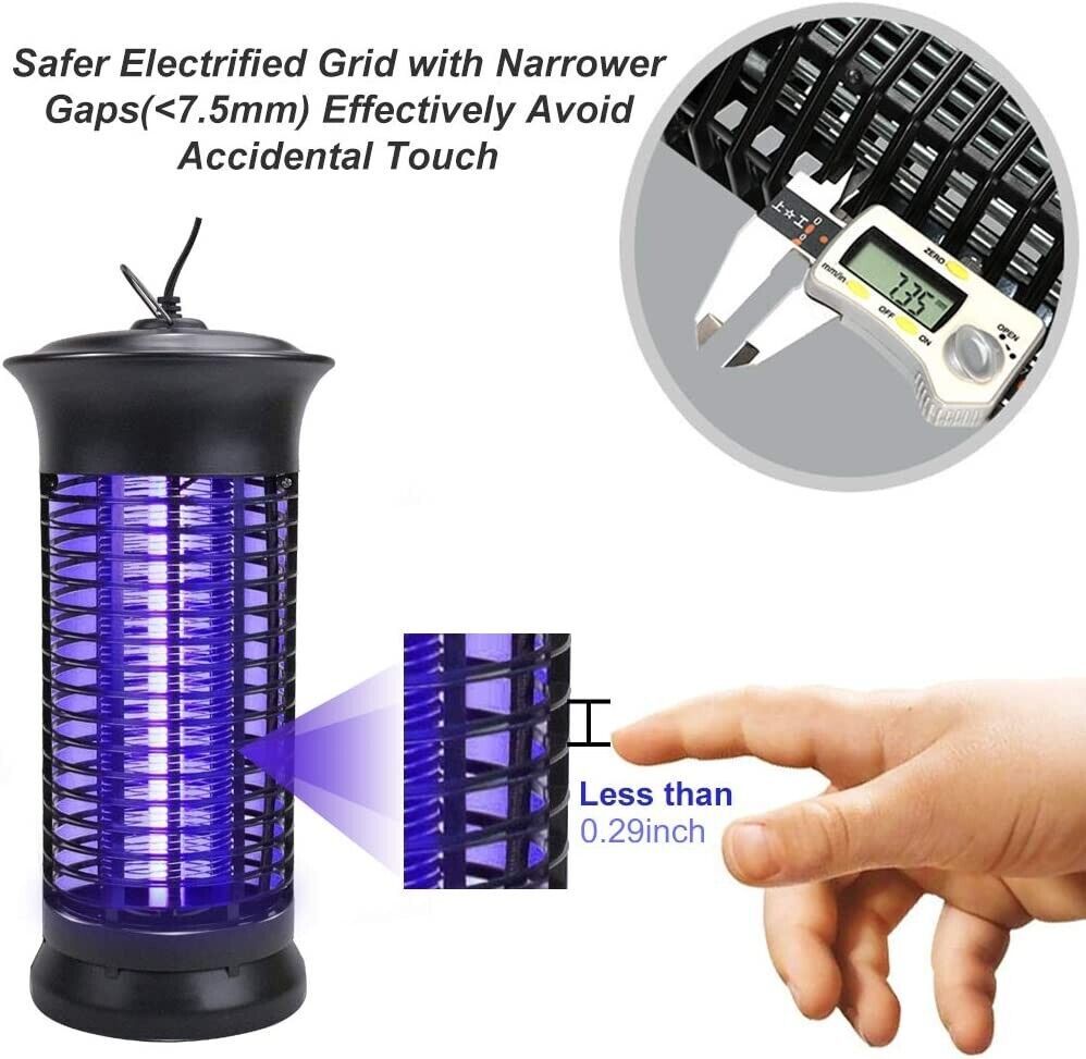 Electric bug zapper with protective outer grid and narrow gaps under 0.29 in to help reduce accidental contact
