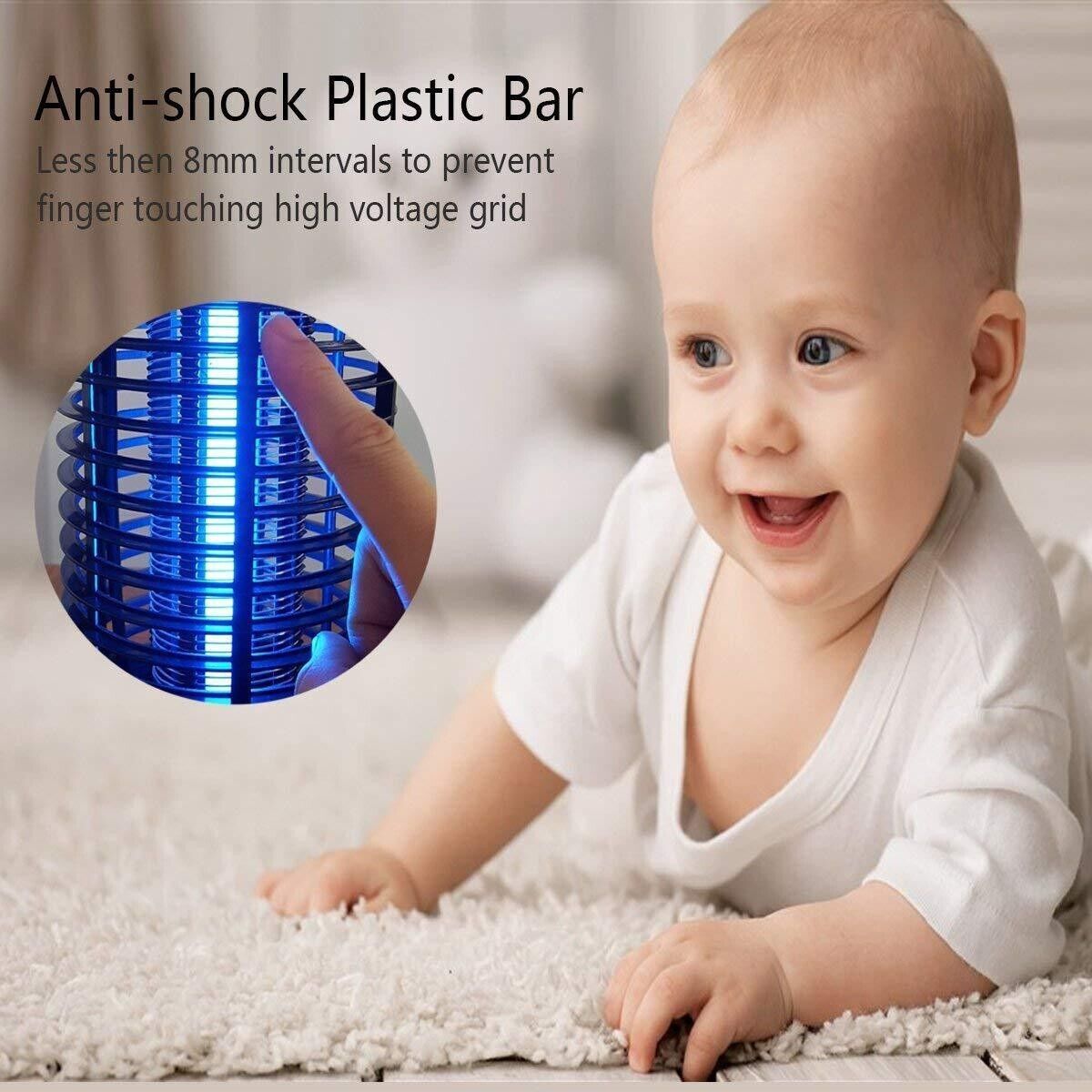 Electric UV bug zapper with protective outer plastic grid and narrow gaps to help reduce accidental contact
