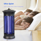 Electric UV bug zapper shown in a bedroom nighttime setting near sleeping people