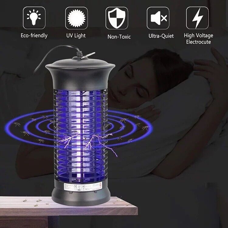 Electric UV bug zapper shown for indoor nighttime use with UV light and electrified grid