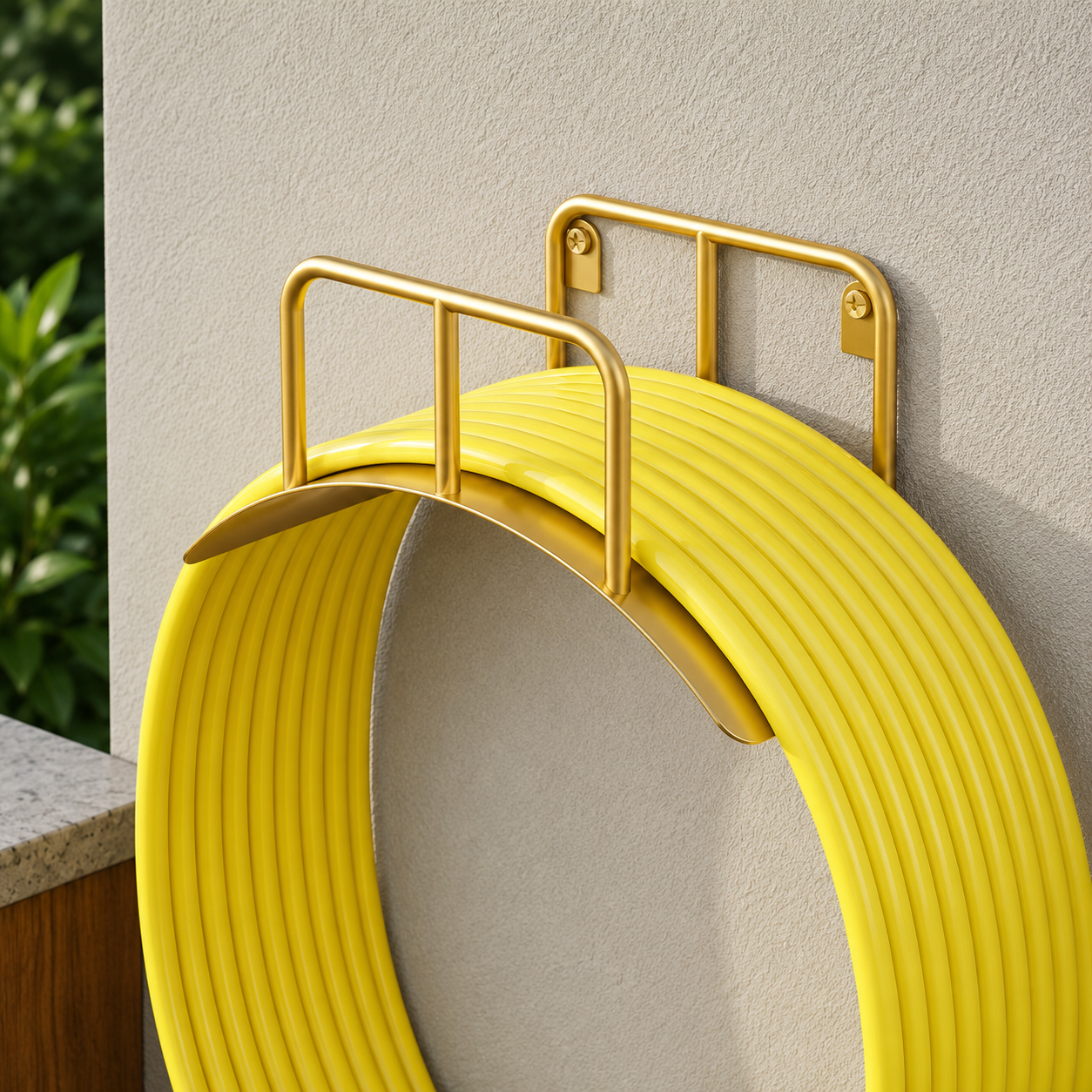 Gold 304 stainless steel wall-mounted garden hose holder storing a coiled yellow hose