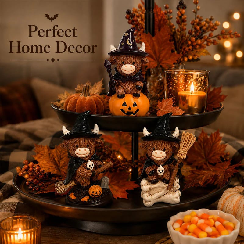 Halloween Highland Cow Witch Resin Tabletop Ornament Decor