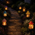 Solar Fairy Cottage Garden Stake Light with Warm LED & Hand-Sculpted Resin