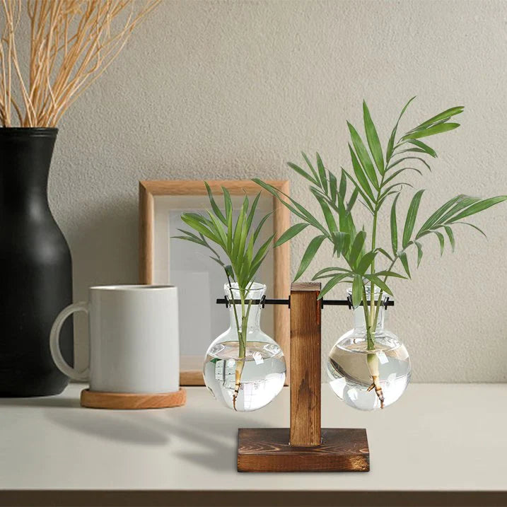 Glass Vase with Wooden Stand, Decorative Tabletop Flower Vase