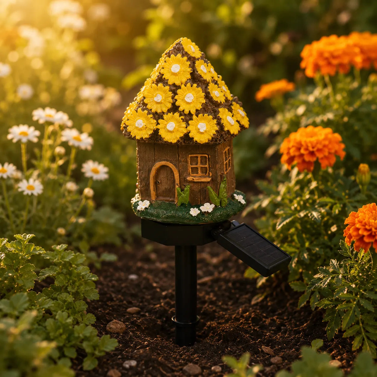 Solar Fairy Cottage Garden Stake Light with Warm LED & Hand-Sculpted Resin