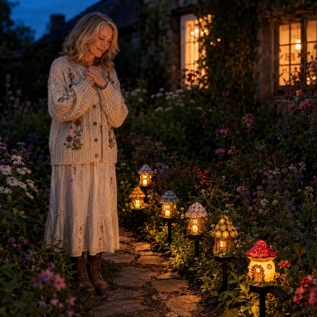 Solar Fairy Cottage Garden Stake Light with Warm LED & Hand-Sculpted Resin