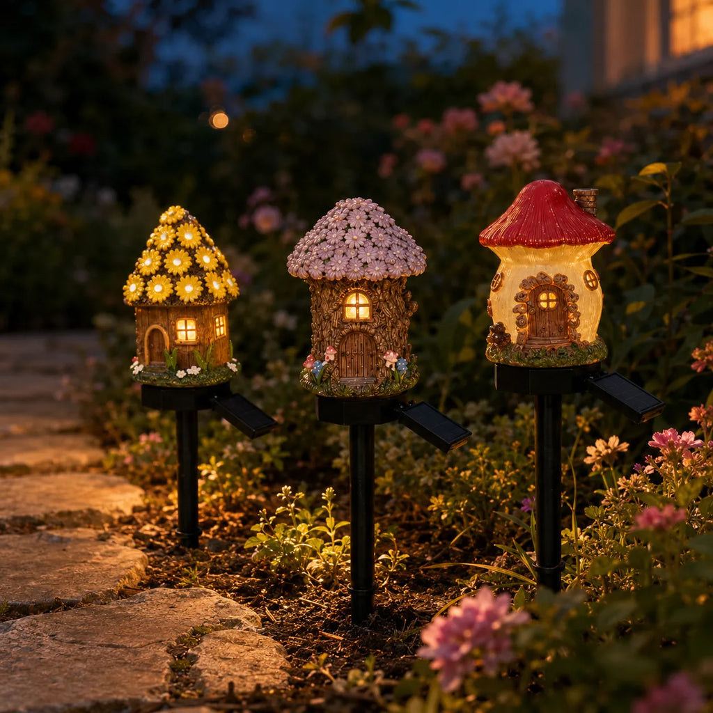 Solar Fairy Cottage Garden Stake Light with Warm LED & Hand-Sculpted Resin