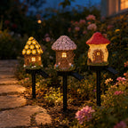 Solar Fairy Cottage Garden Stake Light with Warm LED & Hand-Sculpted Resin