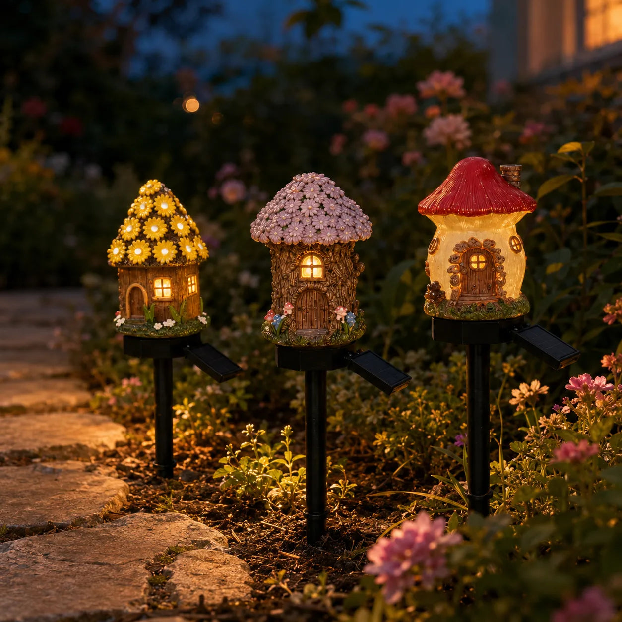 Solar Fairy Cottage Garden Stake Light with Warm LED & Hand-Sculpted Resin