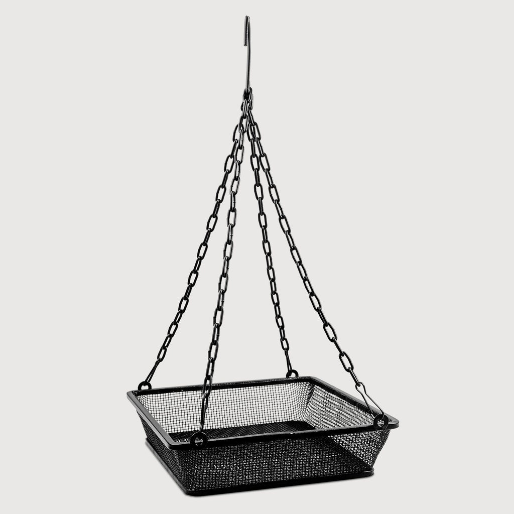 Black Hanging Platform Bird Feeder with Mesh Tray for Outdoor Birds