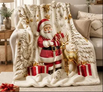 Santa Reindeer Christmas Throw Blanket – Soft Flannel 2D Flat-Print Holiday Cover for Cozy Sofa Lounging and Festive Home Decoration