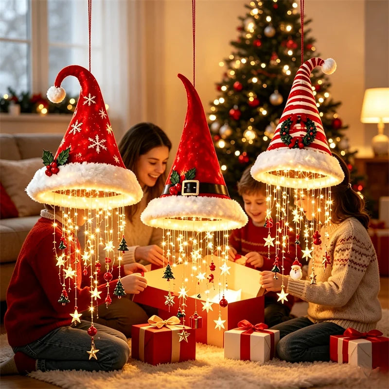 Lighted Santa Hat Hanging Ornament – Warm LED Christmas Chandelier Pendant with Glowing Tassel Detail for Whimsical Holiday Home Decor