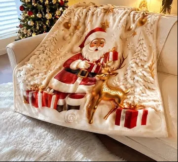 Santa Reindeer Christmas Throw Blanket – Soft Flannel 2D Flat-Print Holiday Cover for Cozy Sofa Lounging and Festive Home Decoration