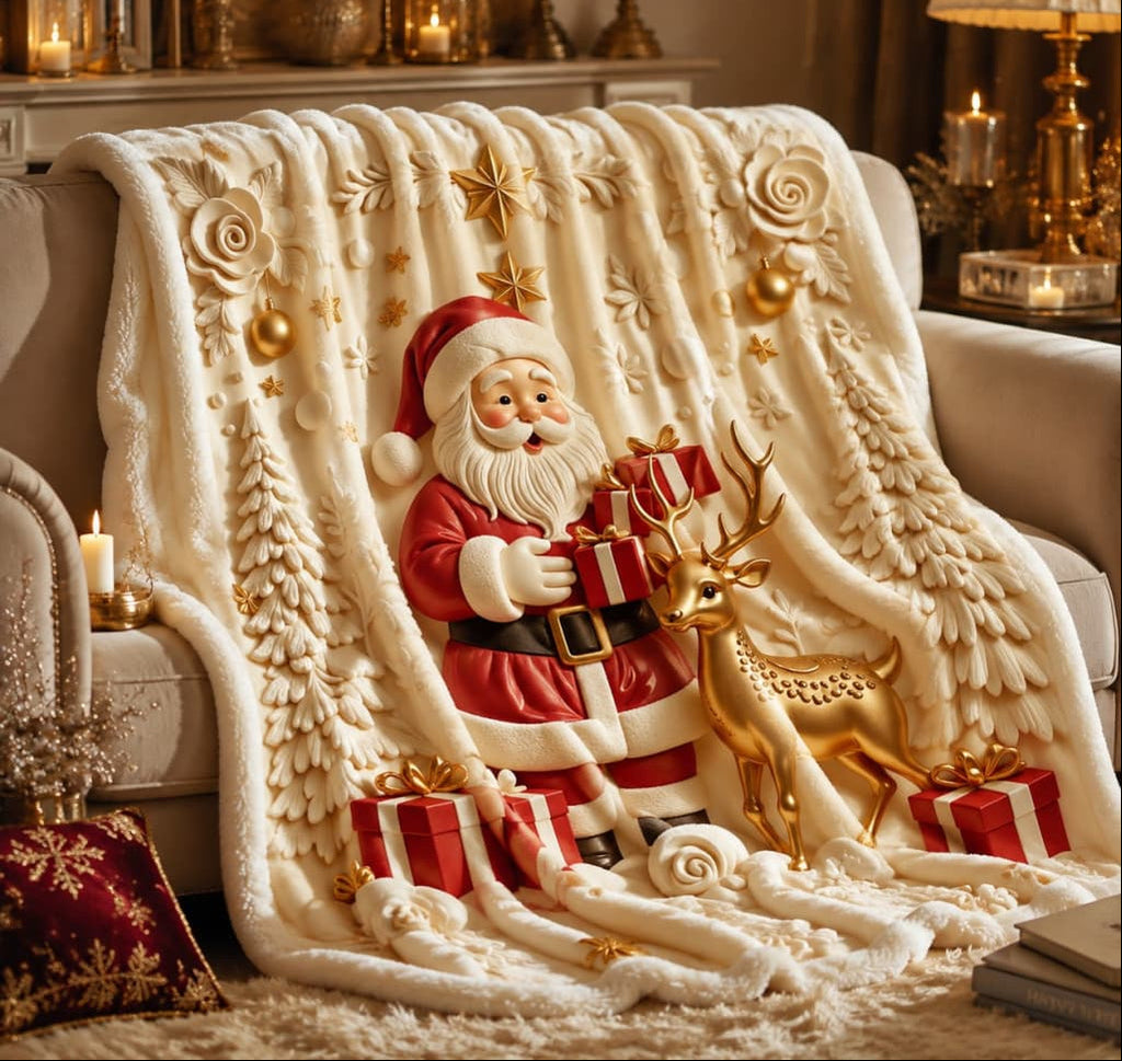 Santa Reindeer Christmas Throw Blanket – Soft Flannel 2D Flat-Print Holiday Cover for Cozy Sofa Lounging and Festive Home Decoration