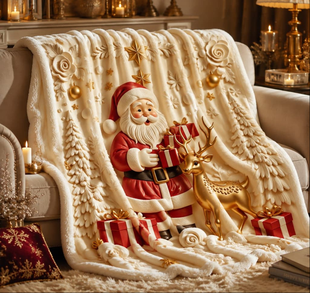 Santa Reindeer Christmas Throw Blanket – Soft Flannel 2D Flat-Print Holiday Cover for Cozy Sofa Lounging and Festive Home Decoration