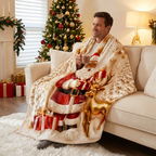 Santa Reindeer Christmas Throw Blanket – Soft Flannel 2D Flat-Print Holiday Cover for Cozy Sofa Lounging and Festive Home Decoration