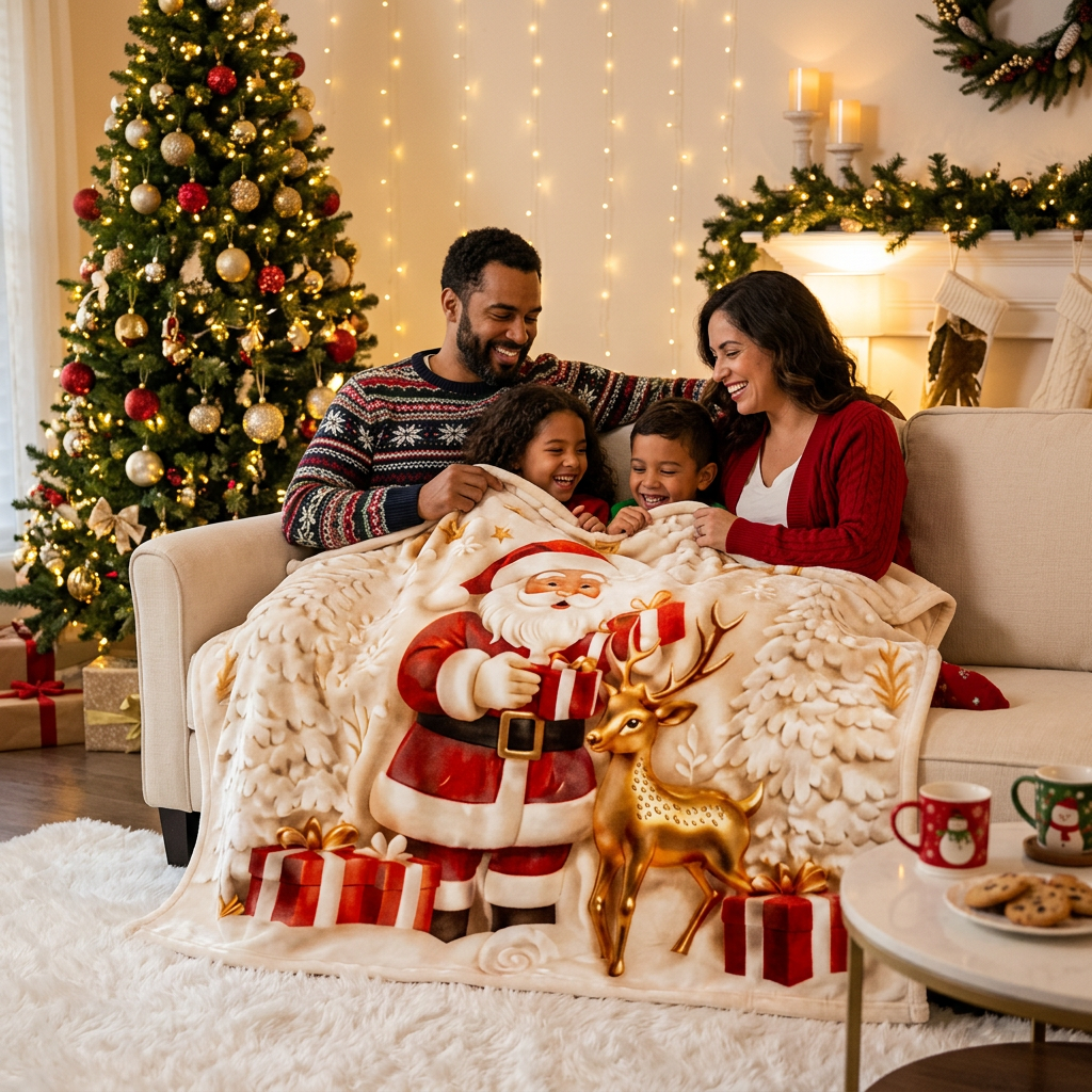 Santa Reindeer Christmas Throw Blanket – Soft Flannel 2D Flat-Print Holiday Cover for Cozy Sofa Lounging and Festive Home Decoration