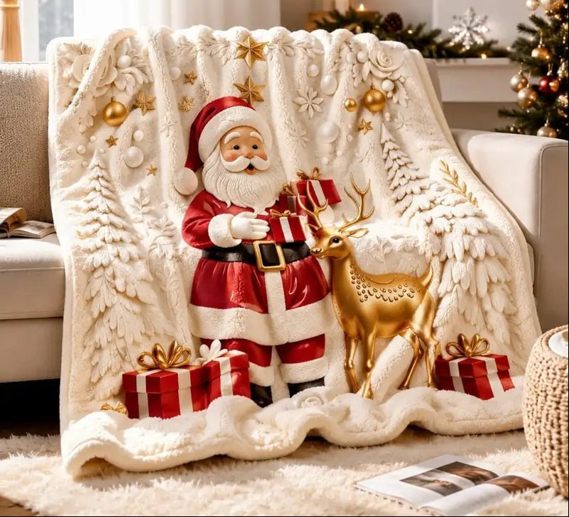 Santa Reindeer Christmas Throw Blanket – Soft Flannel 2D Flat-Print Holiday Cover for Cozy Sofa Lounging and Festive Home Decoration