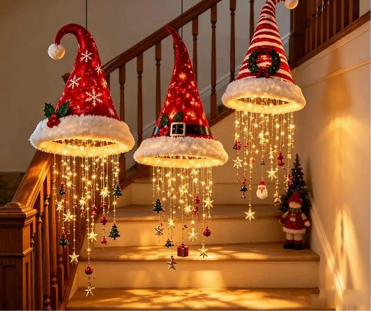 Lighted Santa Hat Hanging Ornament – Warm LED Christmas Chandelier Pendant with Glowing Tassel Detail for Whimsical Holiday Home Decor