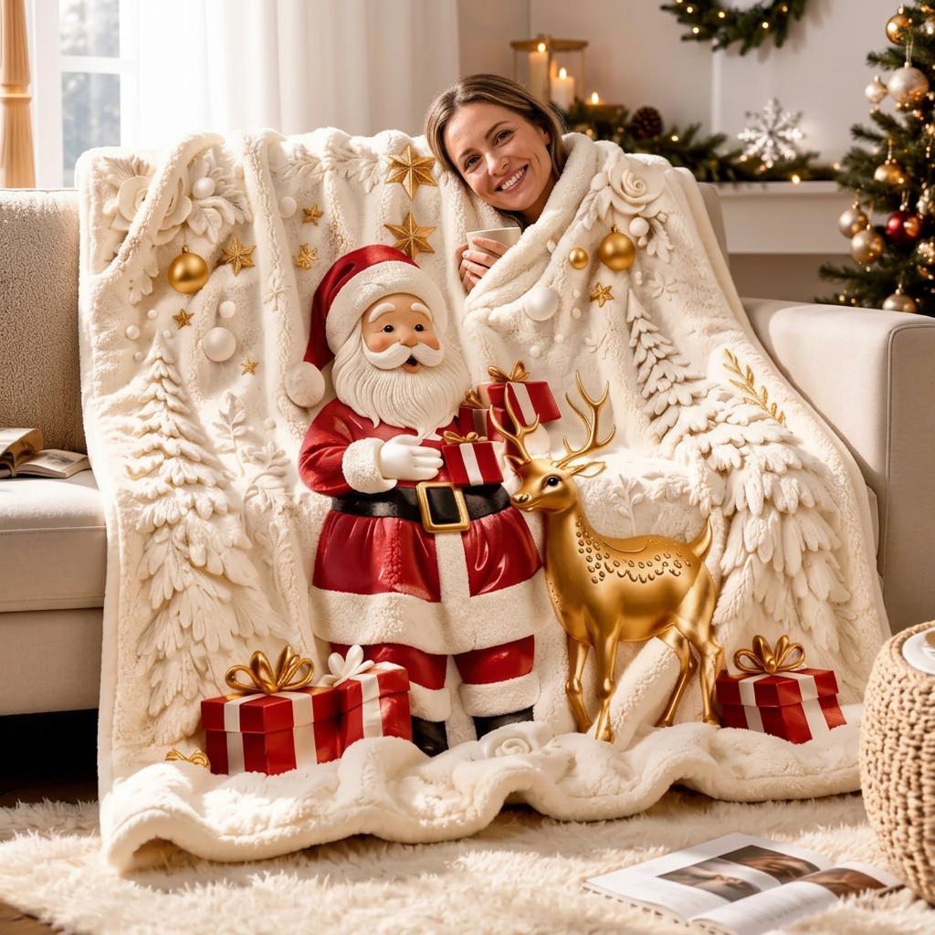 Santa Reindeer Christmas Throw Blanket – Soft Flannel 2D Flat-Print Holiday Cover for Cozy Sofa Lounging and Festive Home Decoration