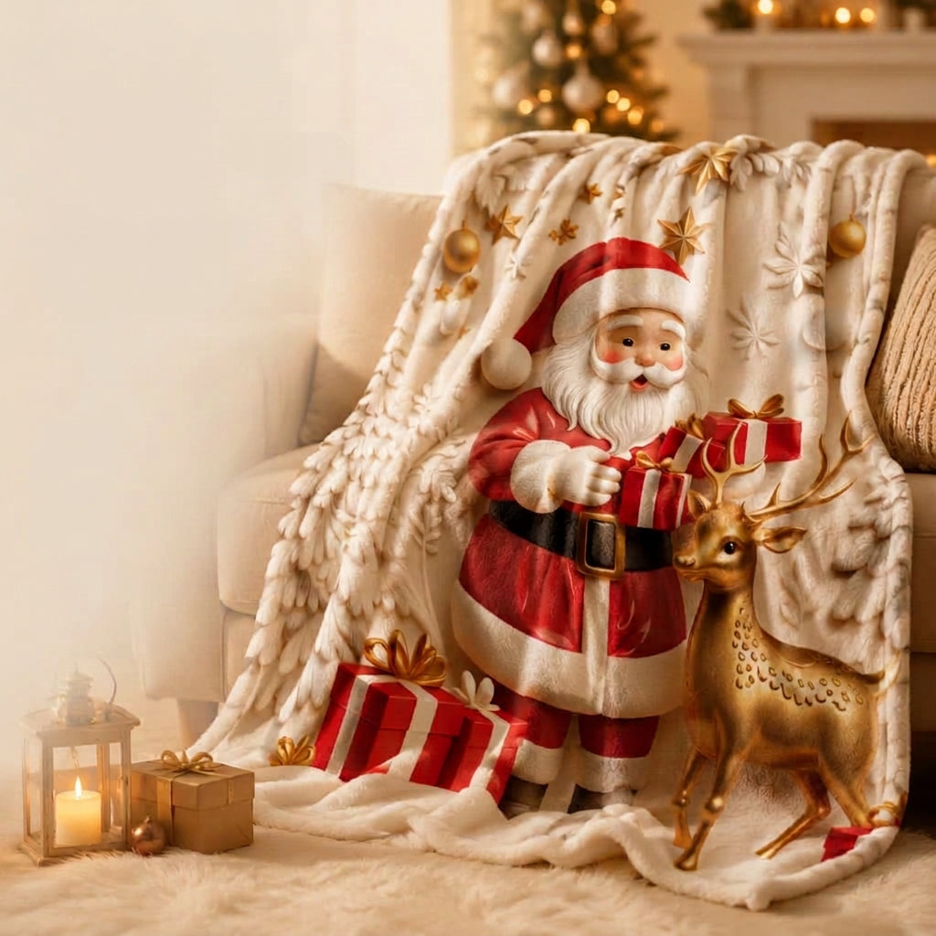 Santa Reindeer Christmas Throw Blanket – Soft Flannel 2D Flat-Print Holiday Cover for Cozy Sofa Lounging and Festive Home Decoration