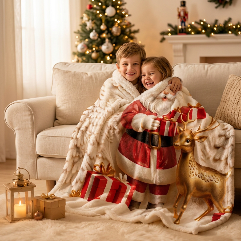 Santa Reindeer Christmas Throw Blanket – Soft Flannel 2D Flat-Print Holiday Cover for Cozy Sofa Lounging and Festive Home Decoration
