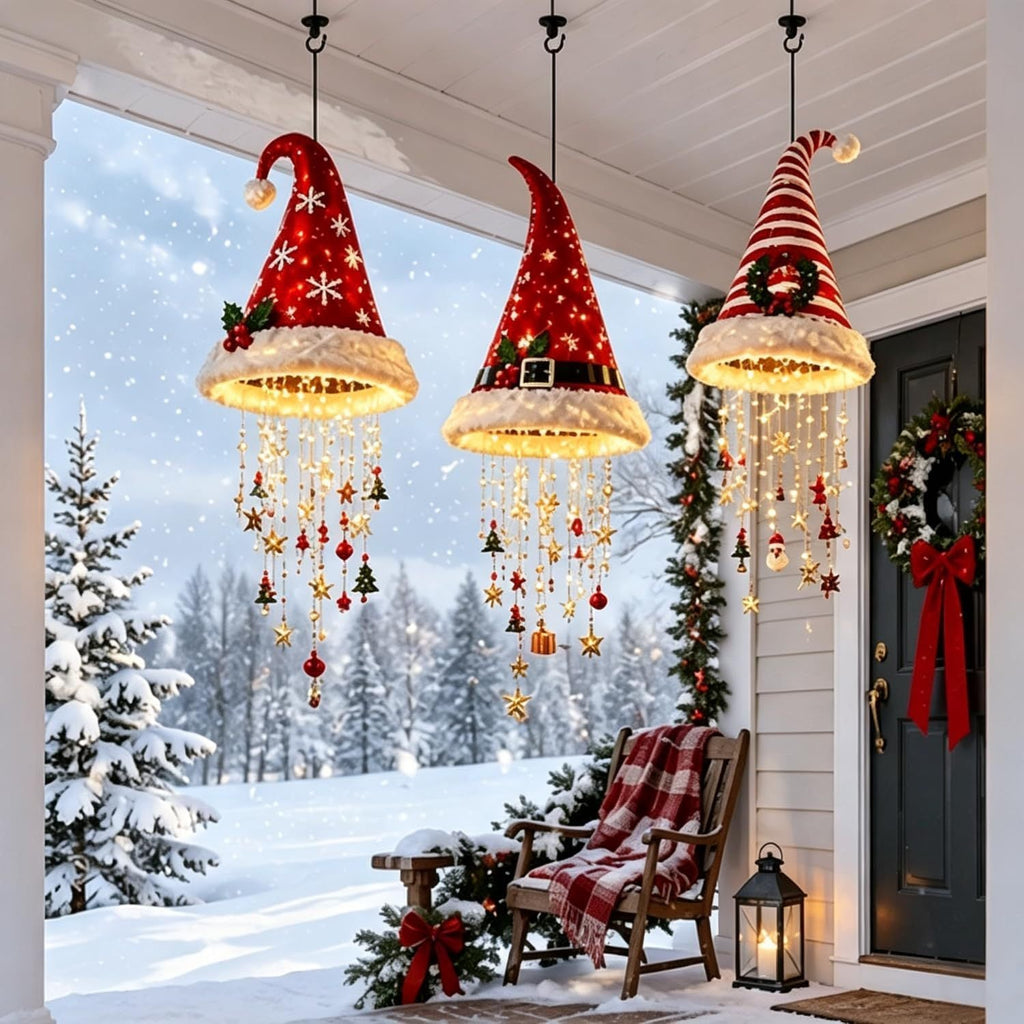 Lighted Santa Hat Hanging Ornament – Warm LED Christmas Chandelier Pendant with Glowing Tassel Detail for Whimsical Holiday Home Decor