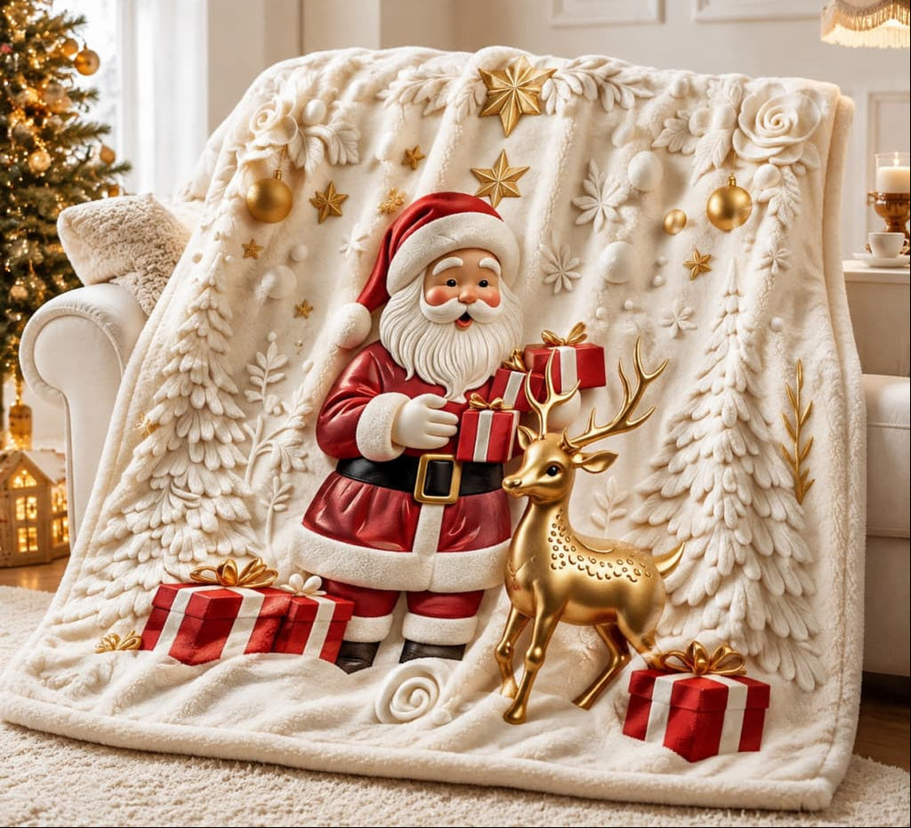 Santa Reindeer Christmas Throw Blanket – Soft Flannel 2D Flat-Print Holiday Cover for Cozy Sofa Lounging and Festive Home Decoration