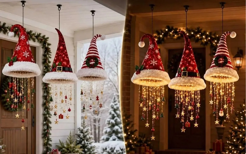 Lighted Santa Hat Hanging Ornament – Warm LED Christmas Chandelier Pendant with Glowing Tassel Detail for Whimsical Holiday Home Decor