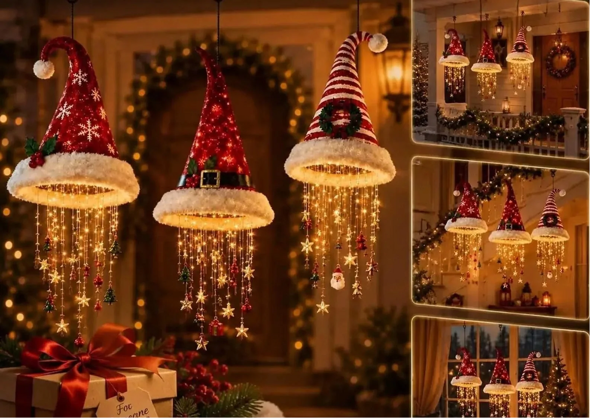 Lighted Santa Hat Hanging Ornament – Warm LED Christmas Chandelier Pendant with Glowing Tassel Detail for Whimsical Holiday Home Decor