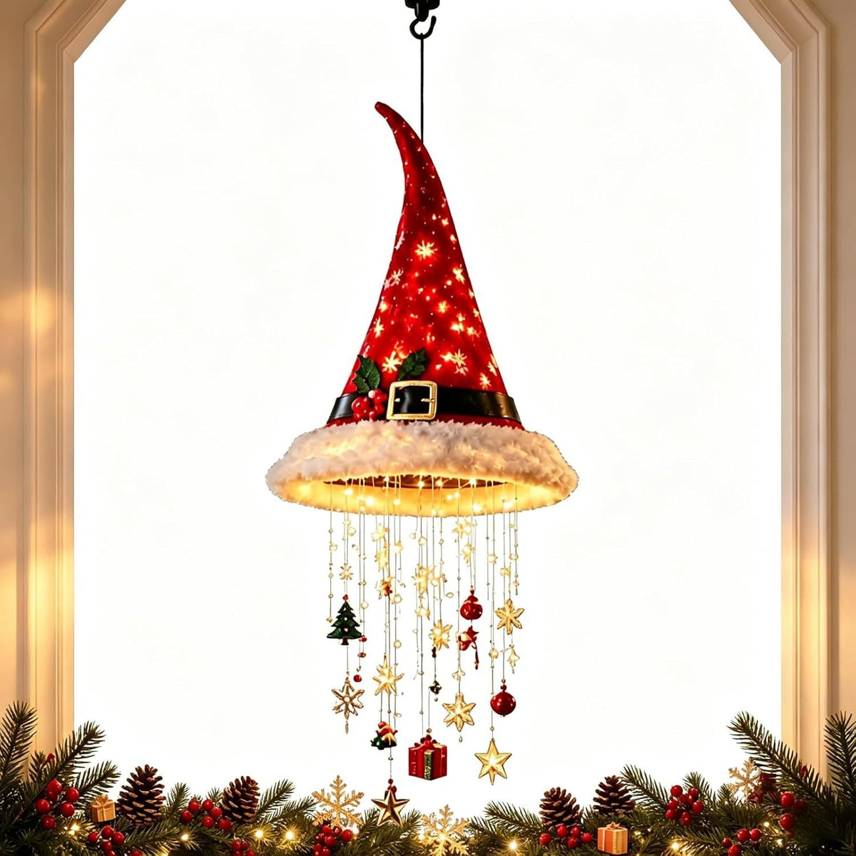 Lighted Santa Hat Hanging Ornament – Warm LED Christmas Chandelier Pendant with Glowing Tassel Detail for Whimsical Holiday Home Decor