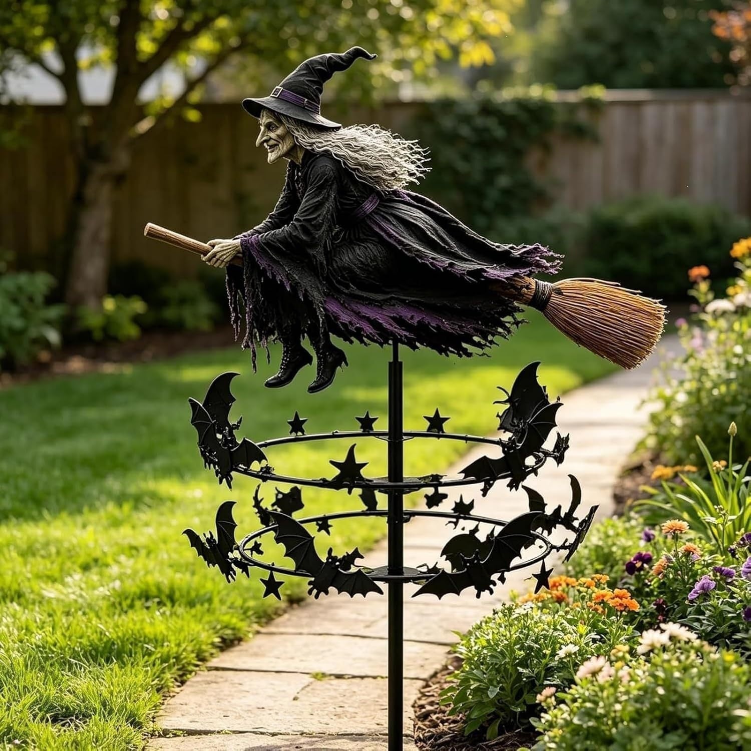 Halloween Witch Wind Spinner Outdoor Metal Garden Decor
