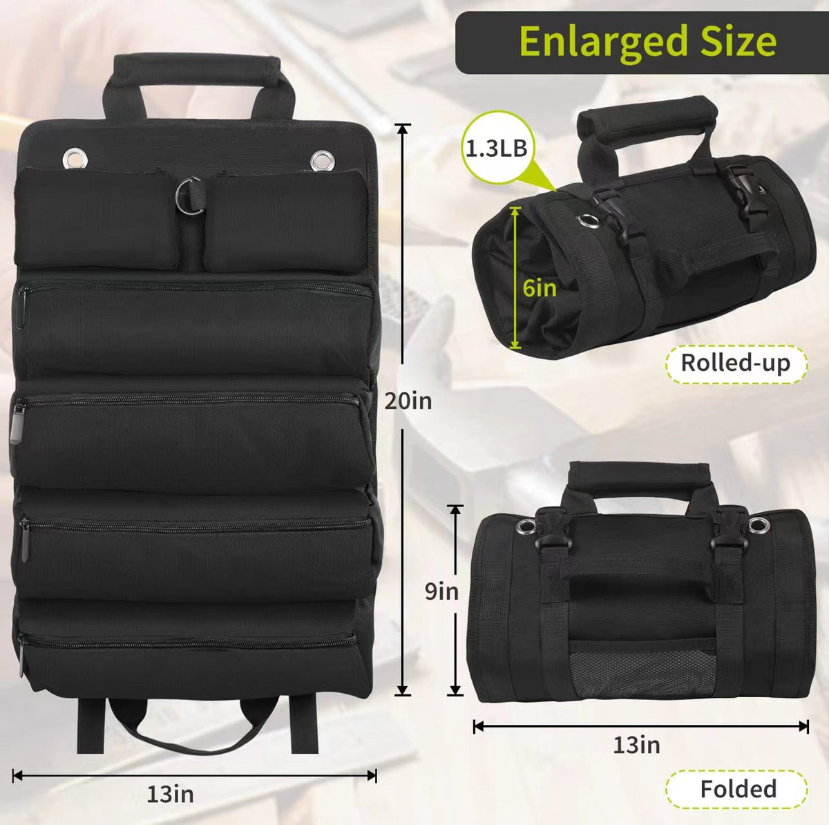 Hanging Tool Bag with 6 Zipper Pockets for Garage & Workshop